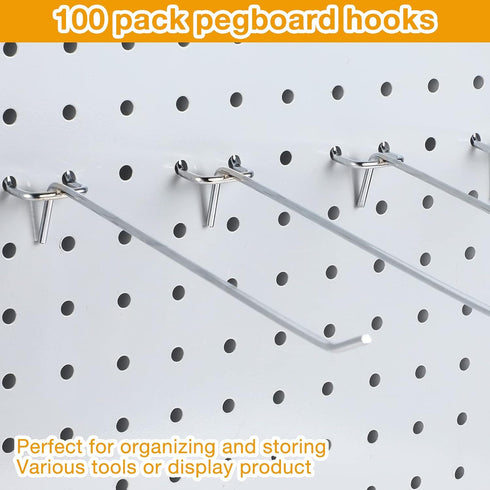 100 Pack Stainless Steel Peg Board Hooks, 8 Inch Hanging Holders for 1/8 and 1/4 Pegboard, Garage Storage Organizer
