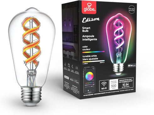 Globe Electric 35847 Wi-Fi Smart 7 W (60 W Equivalent) Spiral Filament Multicolor Changing RGB Tunable White Clear LED Light Bulb, No Hub Required, Voice Activated, 2000K - 5000K, Vintage Edison by Globe Electric