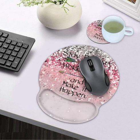 Ergonomic Mouse Pad Wrist Support Set, Pink Glitter Inspirational Quote Wrist Rest Pad with Coasters for Home Office