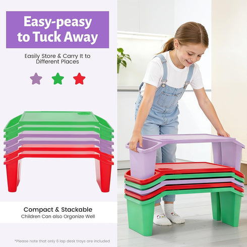 LIWBYYG 6 Pcs Kids Lap Desk Tray, Plastic Breakfast Lap Desk Trays with Side Pockets and Slot Portable Lap Bed Table