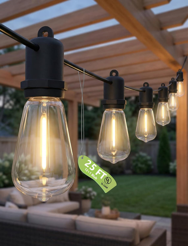 25FT LED Outdoor String Lights, 13 Shatterproof ST38 Edison Bulbs, Waterproof Patio