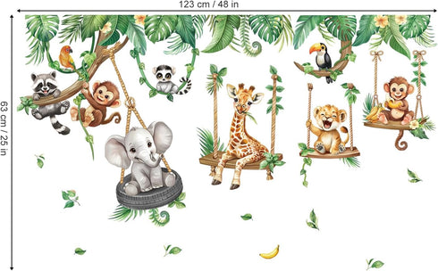 decalmile Jungle Animal on Swings Wall Stickers Safari Animal Elephant Giraffe Monkey Tropical Leaves Wall Decals Baby