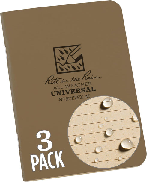 Rite in the Rain Weatherproof Mini-Stapled Notebook - 3 1/4" x 4 5/8", Tan Cover, Universal Pattern, 3 Pack (No.