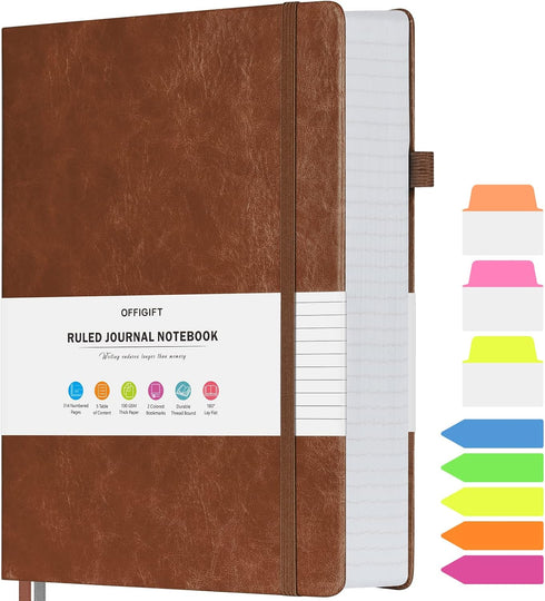 Large A5 Lined Journal Notebook, 312 Numbered Pages, 100gsm Thick Paper, Brown Hardcover, College Ruled for School,