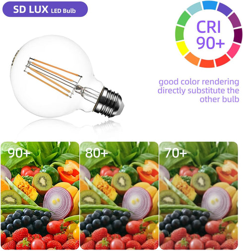 SD LUX G25 Vintage Globe Light Bulbs, 6 Pack, 8W Dimmable, 1000LM (100W Equivalent), E26 Base, 2700K Warm White