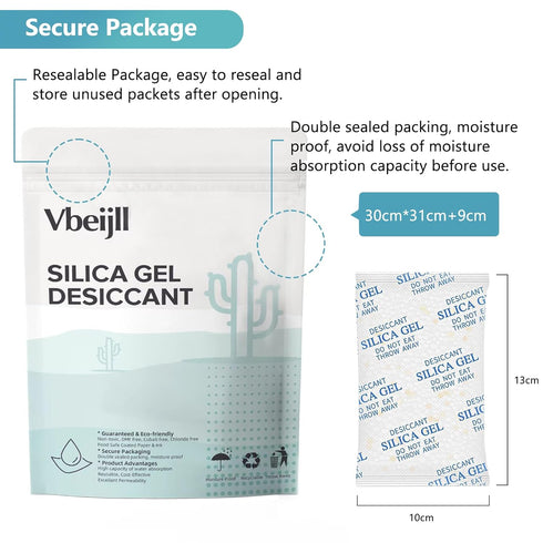 Premium 100 Gram Silica Gel Packets, 10 Pcs with Color Indicating - Rechargeable Moisture Absorbers for Foods, Seeds