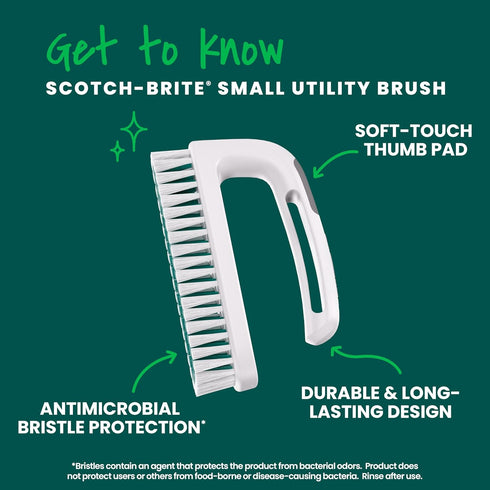 Scotch-Brite Small Utility Brush, Long Lasting Dish Brush with Handle for Scrubbing Cookware, Hands, Tile, Grout