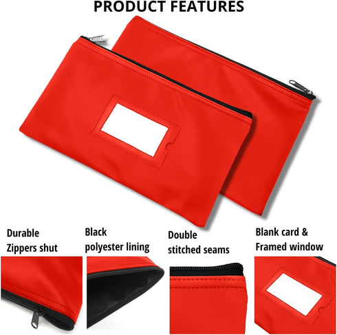 Money Bank Deposit Bag with Zipper, 11x6 inch, Red, Durable Leatherette Wallet Pouch with Framed ID Window