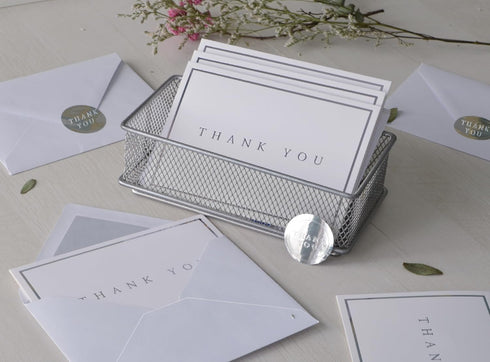 T&M Quality Designs LLC 100 Thank you cards with envelopes and stickers, Silver Foil Stamping