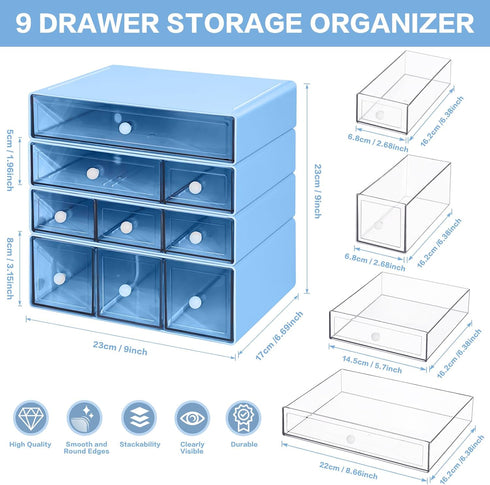 9 4 Desk Storage Organizer with Drawers, Tiers Stackable Desktop Craft Storage Drawers, Clear Storage Box Caddy
