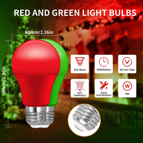 Bulbs, 4 Pack, Bulbs, A19 Bulb, Bulb, 60W 9W E26 Red and Green Light Christmas Light LED Red Light Green Light