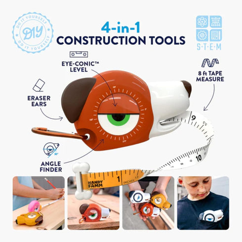 Famm 4-in-1 3+ Handy Fido The Dog Kids Measuring Tape with Adjustable Level Eye, Angle Finder & Eraser Ears Montessori