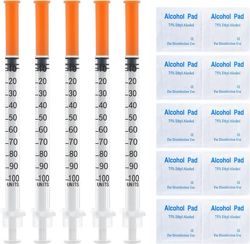 U 100 1cc Syringe 1ml 31 Gauge 5/16 Inch 8mm with Disposable Gauze Pads, Individual Package, 20 Pack