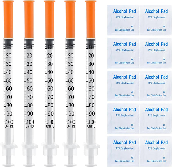U 100 1cc Syringe 1ml 31 Gauge 5/16 Inch 8mm with Disposable Gauze Pads, Individual Package, 20 Pack