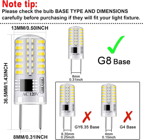 Dimmable G8 LED Bulbs, Daylight White 6000K, 3W Equivalent to T4 Bi-Pin Base, 12-Pack
