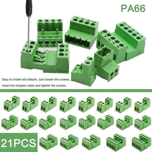 Tnisesm 21Pcs Screw Terminal Block Connector Kit, 5.08mm Pitch Pluggable (2Pin 3Pin 4Pin 5Pin) 300V 15A for 28-12AWG