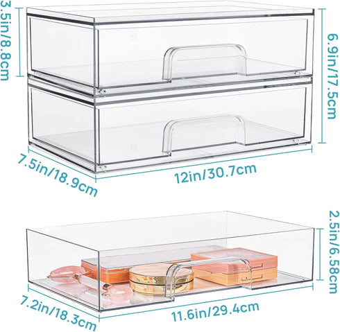 Vtopmart 12''W Clear Stackable Storage Drawers, 3 Pack Acrylic Plastic Organizers for Makeup Palettes, Bathroom, Desk