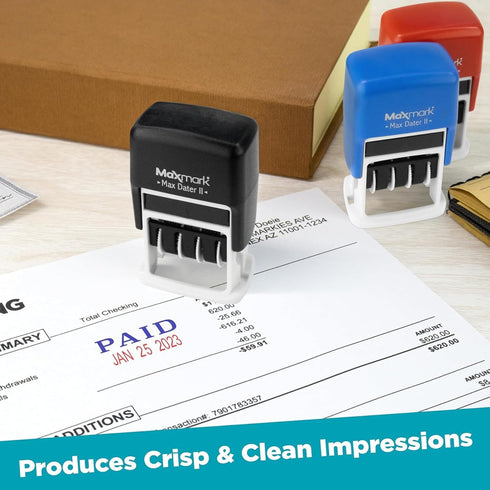 MaxMark Self-Inking Rubber Date Office Stamp with Posted Phrase & Date - RED Ink (Max Dater II), 12-Year Band