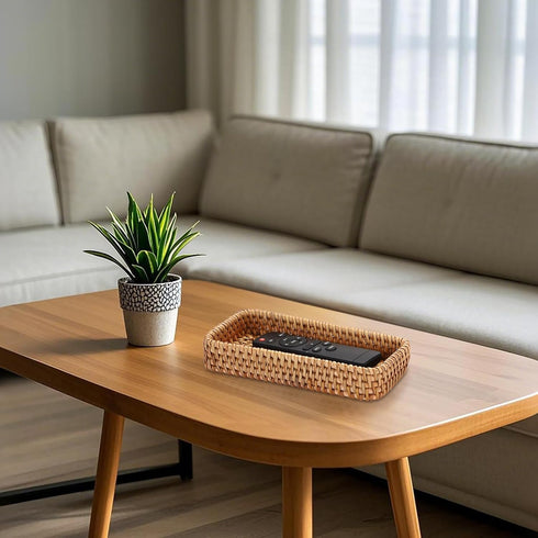 8.3 4.7 BTSKY Small Remote Basket for Coffee Table Entryway Living Room Rattan Serving Tray x Handwoven Wicker Baskets