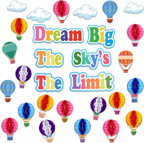 TaoBary 84 Pcs 3D Hot Air Balloon Honeycomb Bulletin Board Set with Caterpillars, Apple, Popcorn Cutouts for School