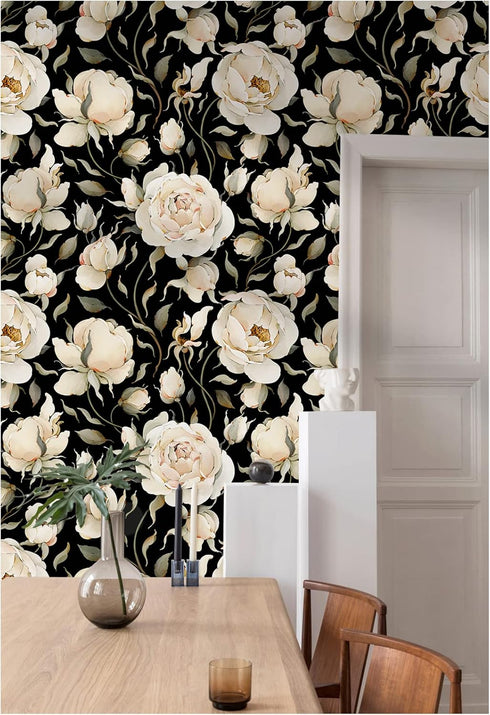 HAOKHOME 93242-1 Peel and Stick Wallpaper Floral Vintage Roses Peonies Contact Paper Removable Black/Beige/Olive Self Adhesive Mural 17.7in x 6.5ft by HAOKHOME