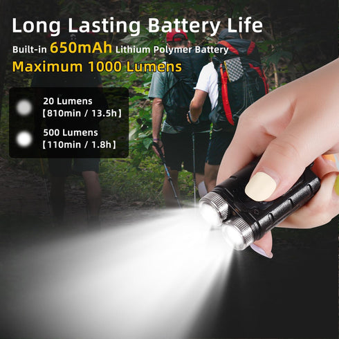 KunHe K2 2 Pack 1000 High Lumens EDC Flashlight, Rechargeable USB C Mini Keychain