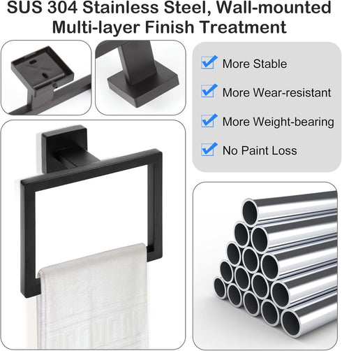 Matte Black Square Hand Towel Holder, Bathroom Towel Ring, SUS 304 Stainless Steel Wall-Mounted Accessories