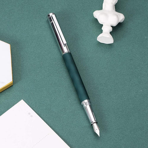 Hongdian 1843 Solid Metal Fountain Pen, Extra Fine Nib, Green Ripple Pattern with Refillable Converter and Case