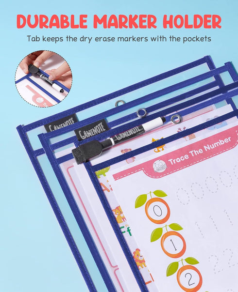 Gamenote Dry Erase Pockets 30 Pack with Rings, Oversized Reusable Plastic Sleeves for Classroom Organization