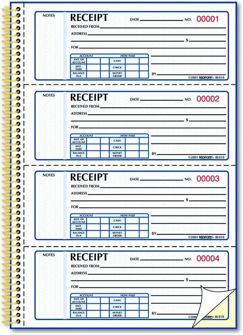 Rediform 7 2.75, 4 300 gold standard money receipt book, two-part carbonless, x forms/sheet, forms total