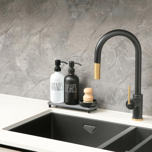MOMEEMO Soap Dispenser for Kitchen Sink Comes with Stainless Pumps, Instant Dry Tray, and Dish Scrub Brush, Suitable