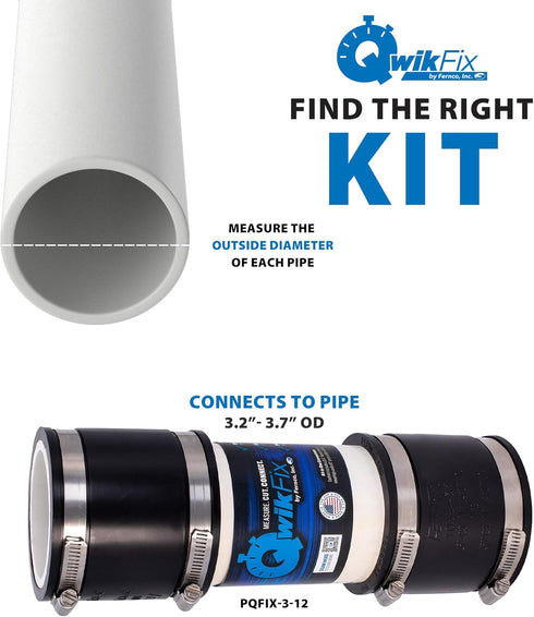 Fernco QwikFix Broken Pipe 3" Coupling Repair Kit for Plastic, Cast Iron, and Steel Pipes in Black
