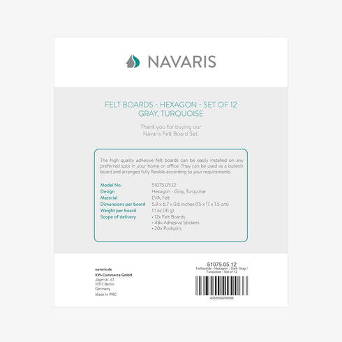 Navaris Hexagon Felt Board Tiles, Set of 12 Memo Bulletin Boards with Push Pins and Double-Sided Tape 5.9" x 6.7" -