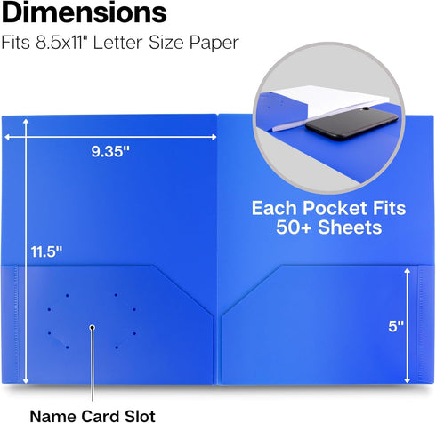 Dunwell Plastic Folders with Pockets, 3 Pack Blue, 2 Pocket Poly Folders for School, Home, Office