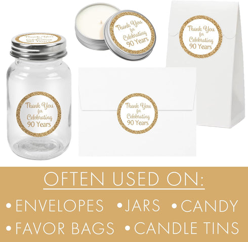 White and Gold 90th Birthday Thank You Stickers, 1.75 in - 40 Labels, 90th Birthday Decorations