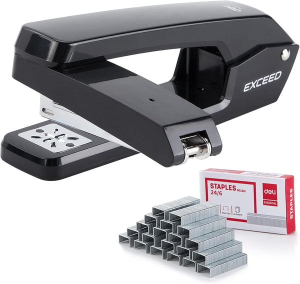 Deli/EZWORK Swing-Arm Swivel Stapler, 25 Sheets Capacity, 360 Degree Rotate Desk Stapler with 1000 Staples, Black
