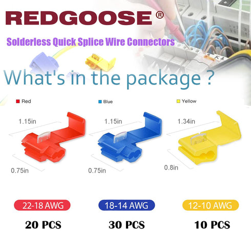 60PCS Solderless Quick Splice Wire Connectors, 22-10 AWG Lock Snap Electrical Connectors (20PCS Red, 30PCS Blue, 10PCS