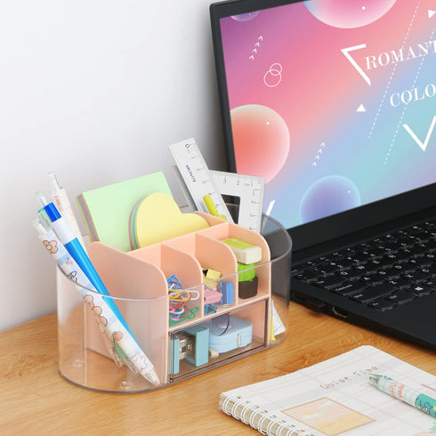 LETURE Clear Desk Organizer with Drawer, Acrylic Pen Pencil Holder for Office Supplies, Desktop Organizer (Pink)