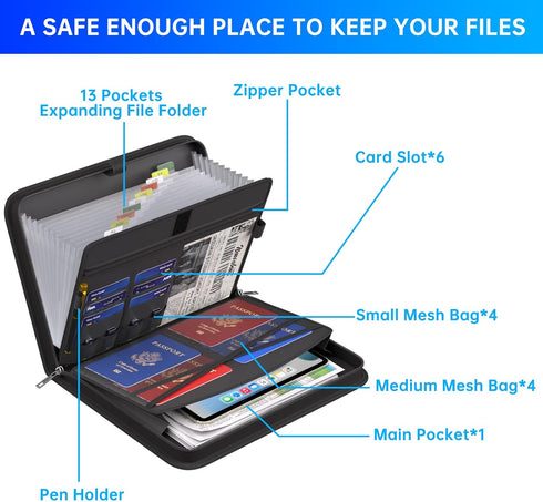 ENGPOW Fireproof Accordion File Organizer, 13 Pockets Document Organizer with Handle & Labels for Home Travel Storage