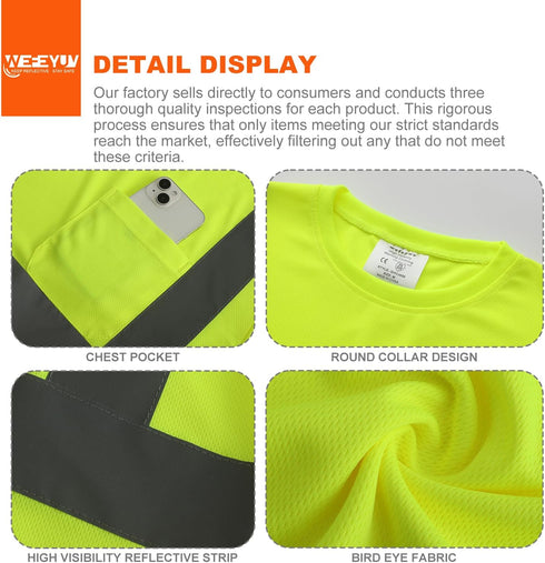 High Visibility Shirts Class 2 Quick Dry Safety T Shirts with Pocket, 4 Reflective Strips, Short Sleeve, Black Bottom