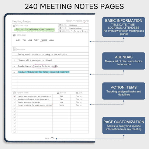 EMSHOI Meeting Notebook for Work, 240 Pages A4 Project Planner, PU Leather Hardcover, 8.5" x 11", Blue