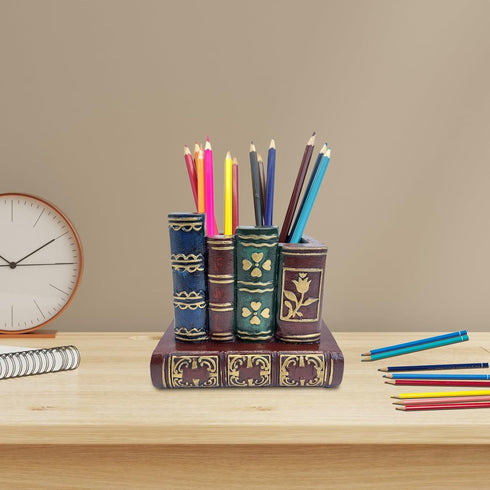Pen Holder for Desk, Decorative Resin Pencil Organizer Caddy with Antique Library Books Design for Office Supplies