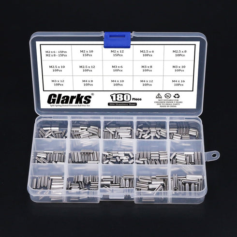 180Pcs M2 M2.5 M3 M4 Slotted Spring Pin Assortment Kit - 304 Stainless Steel Split Spring Dowel Tension Roll Pins