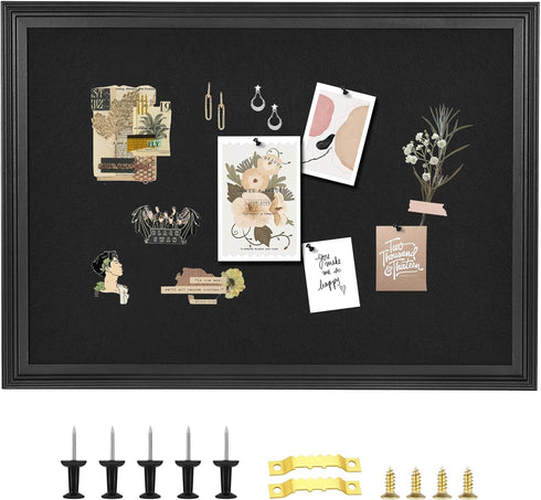 Bulletin Board with Felt, Black Wood Framed Display for Walls, Includes Pins, Eye Bolts, Screws, Pin Board for Office,
