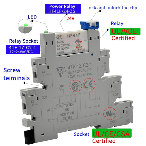 Electromagnetic Relay 24V DC/AC SPDT 6A with LED Indicator, Socket Base, DIN Rail, Ultra Thin 6.2mm