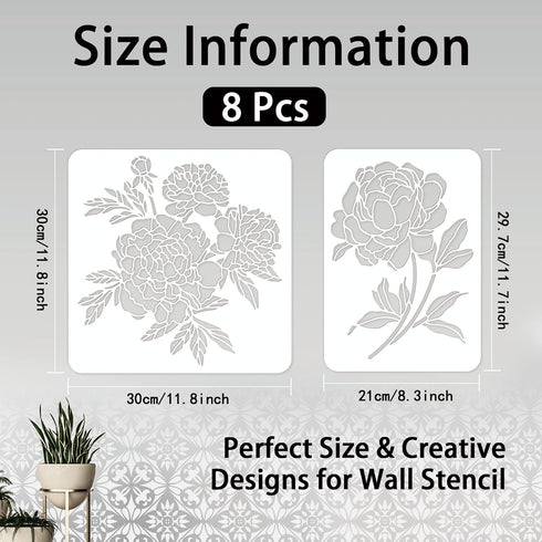 8pcs Peony Wall Stencils for Painting 11.7x8.3" Tile Stencil Set Reusable Plastic Wall Stencils Template for Painting on Wood Wall Furniture Floor Tiles Fabric DIY Home Decor