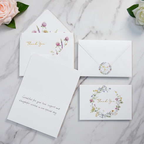 50 PACK 4x6 ponatia Floral Thank You Cards With Envelopes - Gold Foil Wildflower Greeting Cards With Adhesive Envelopes