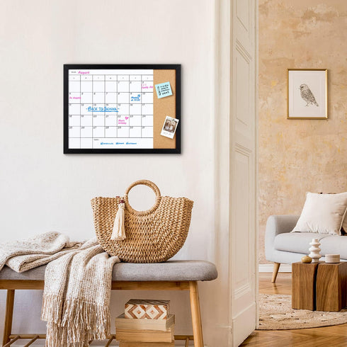 Magnetic Surface Monthly Calendar Whiteboard & Cork Board, Combination Dry Erase Calendar for Wall, Black Frame