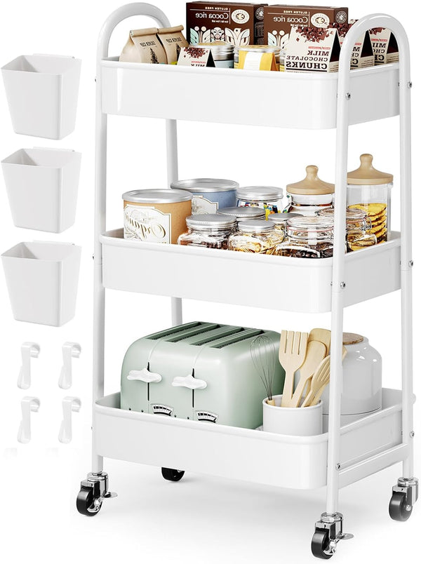 Osivaex 3 Tier Rolling Cart Metal with Wheels, Heavy Duty White Three Tiered