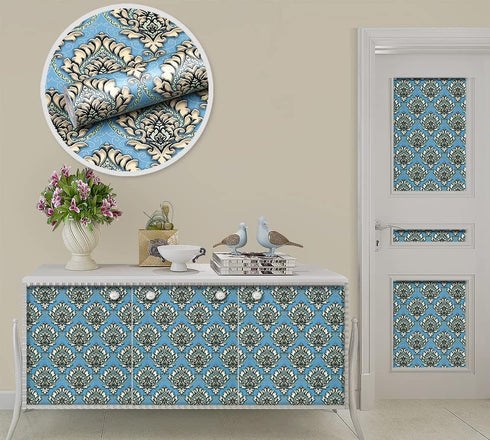 Y9832 Damask Peel and Stick Wallpaper, 17.7" x 9.8ft, Light Blue Removable Contact Paper for Furniture